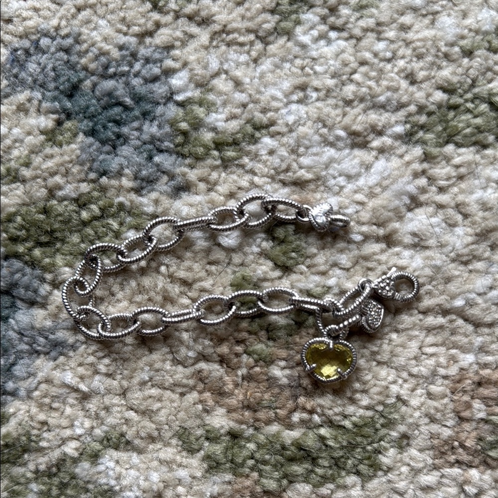 Judith Ripka Sterling Silver yellow Quartz Heart Charm Link Bracelet 6.75"